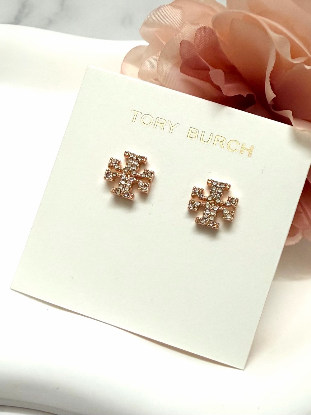 Tory Burch Rose Gold Crystal Logo Stud Earrings